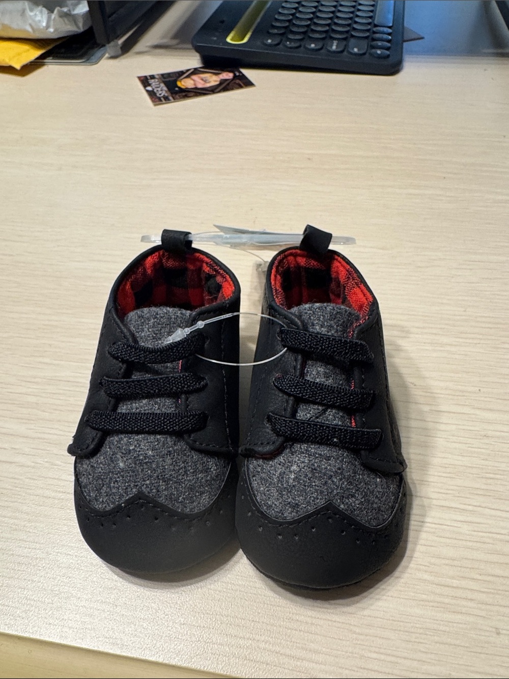 Baby Walker Shoes - Black & Gray with Red Plaid Lining